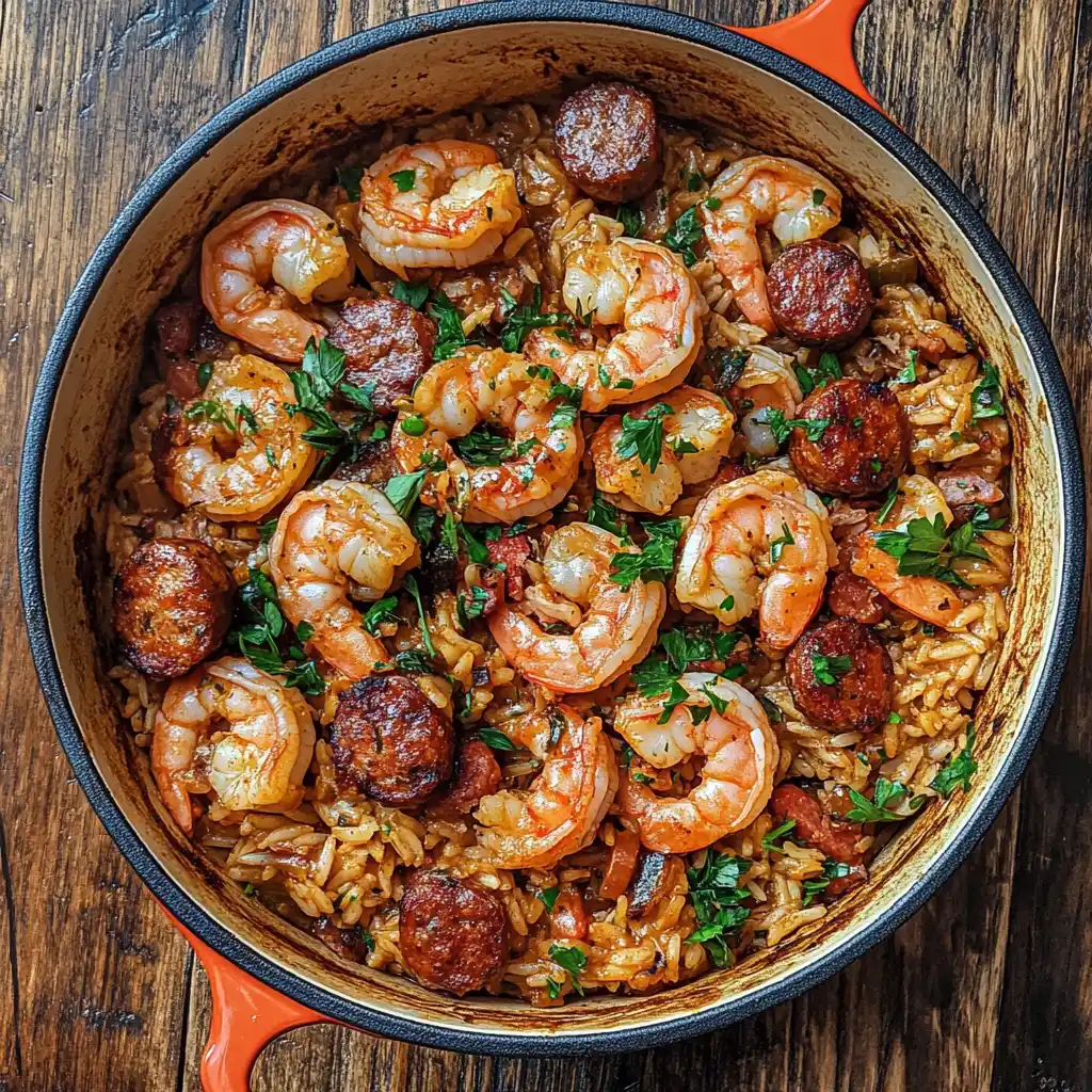 Shrimp and sausage jambalaya rice dish.