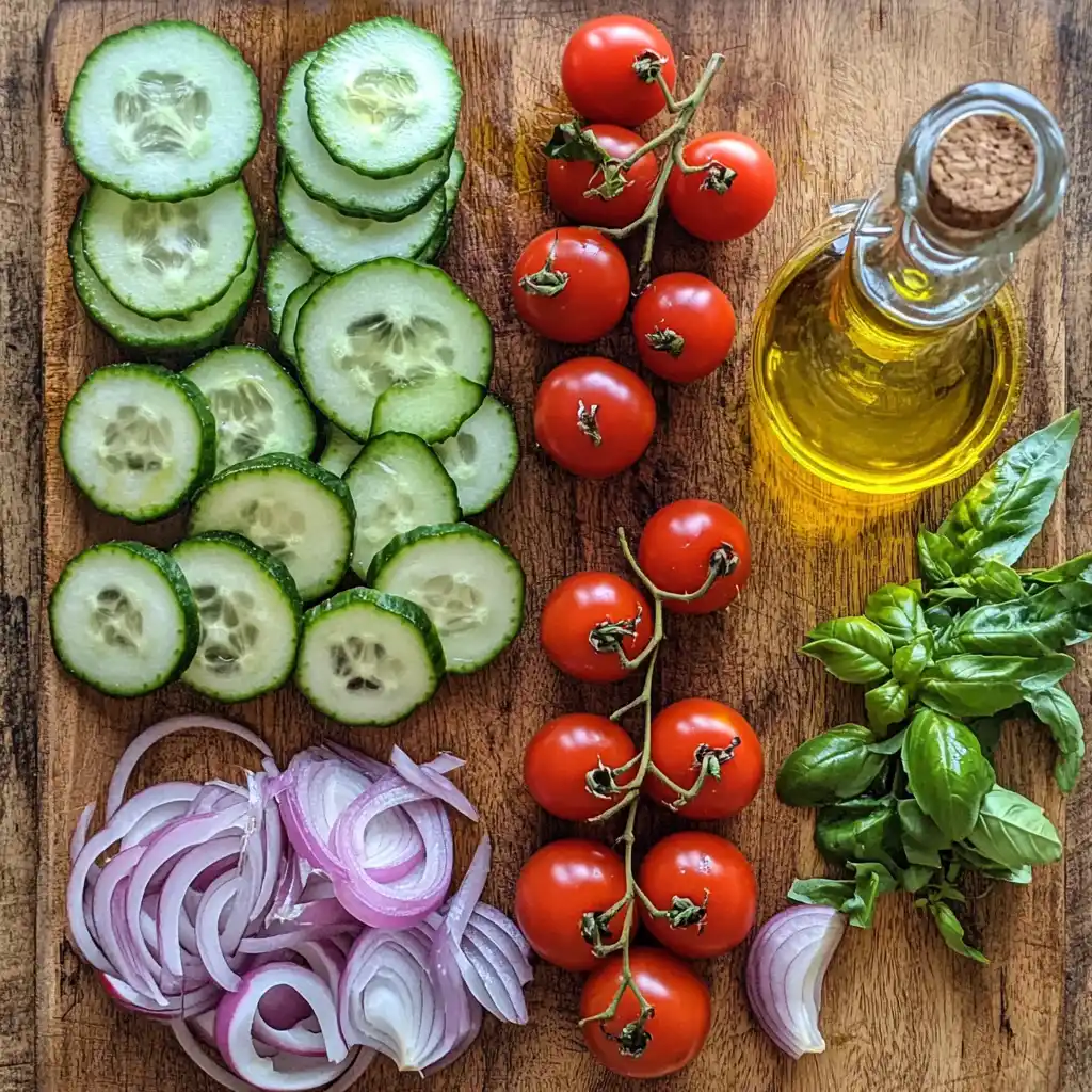 Fresh cucumber tomato salad ingredients on board