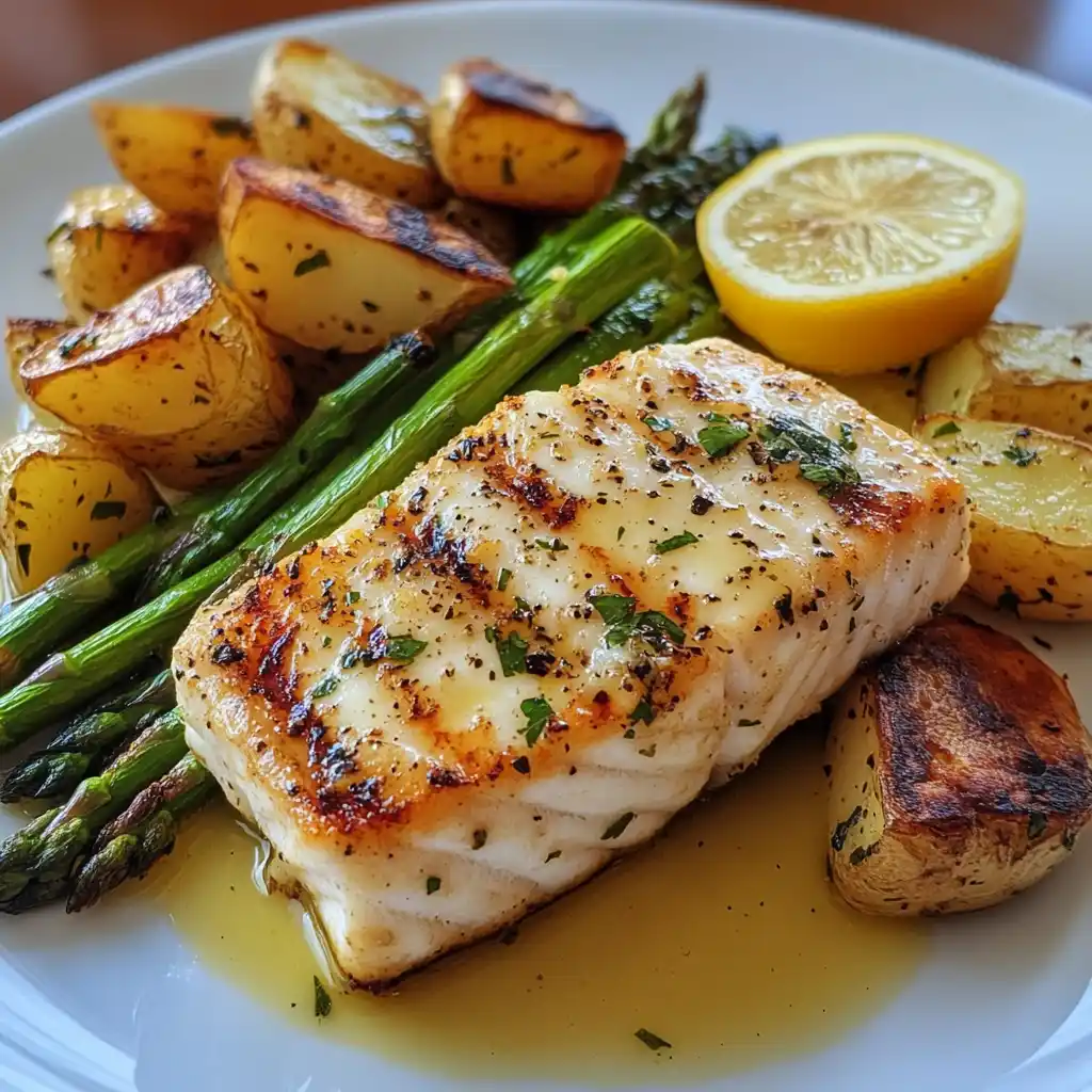 grilled halibut fillet with lemon butter sauce and sides