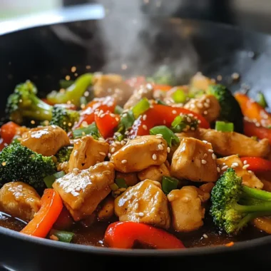 chicken stir fry in wok with vegetables and sauce