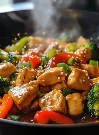 chicken stir fry in wok with vegetables and sauce