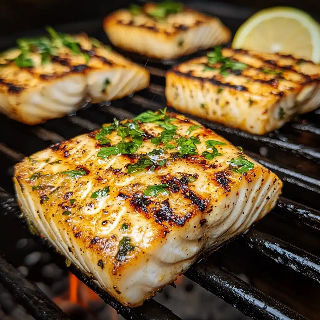 Mahi mahi fillet on grill with thermometer showing perfect temperature