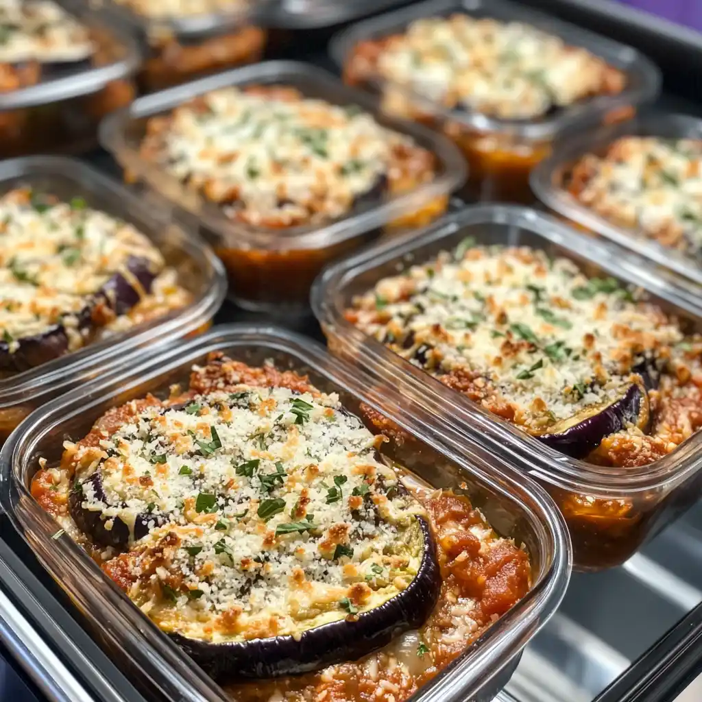 keto eggplant parmesan in meal prep containers