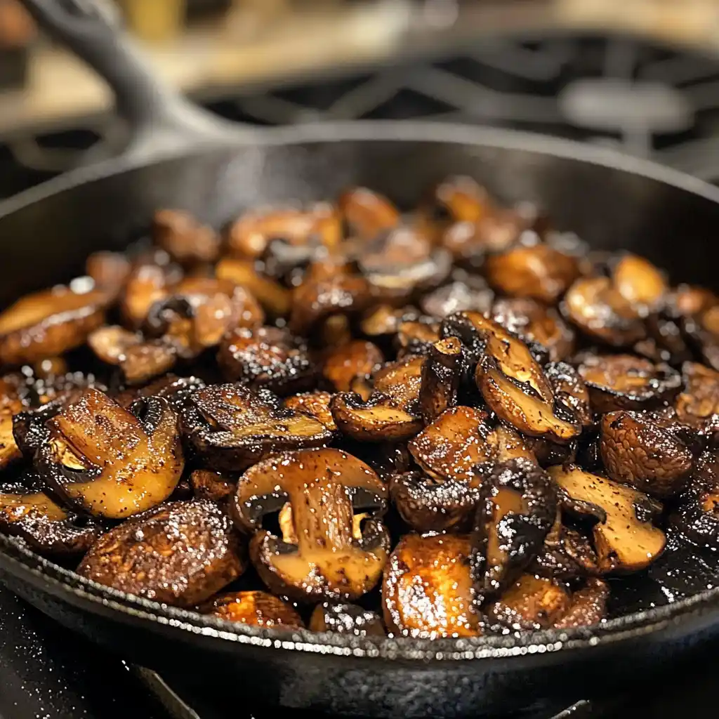 Sautéed shiitake mushrooms in cast iron pan