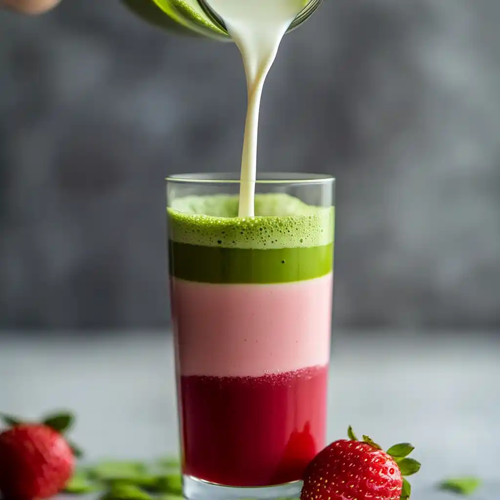 layering iced strawberry matcha latte