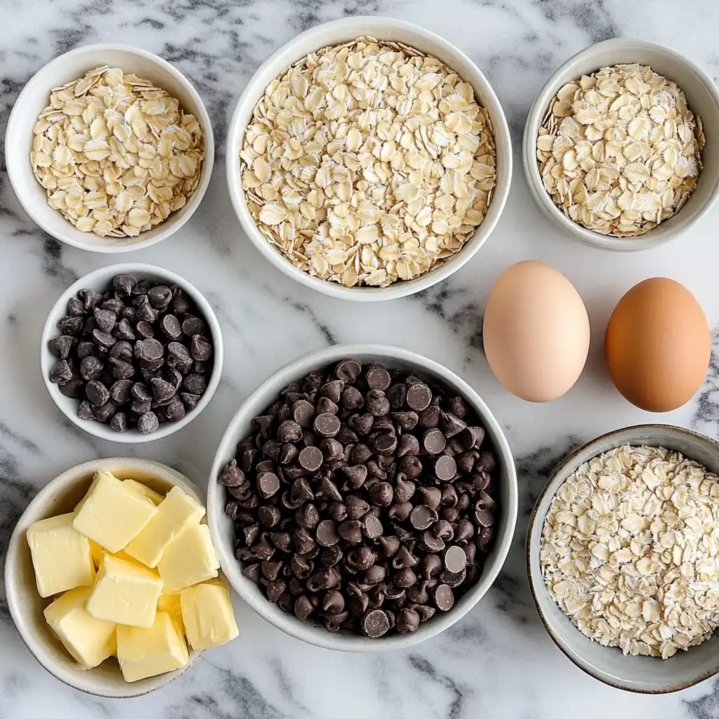 Ingredients for coconut oatmeal chocolate chip cookies in bowls
