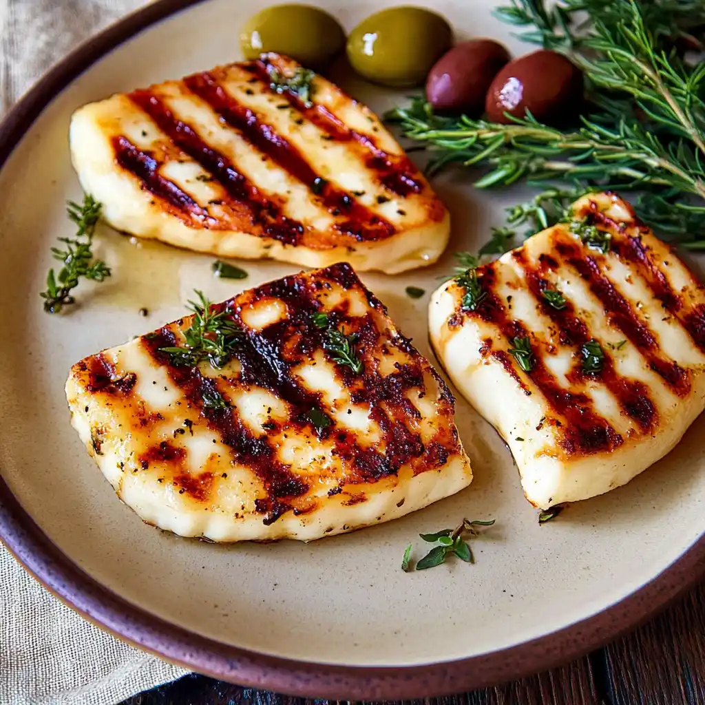 Grilled Halloumi Cheese Recipe on Mediterranean plate