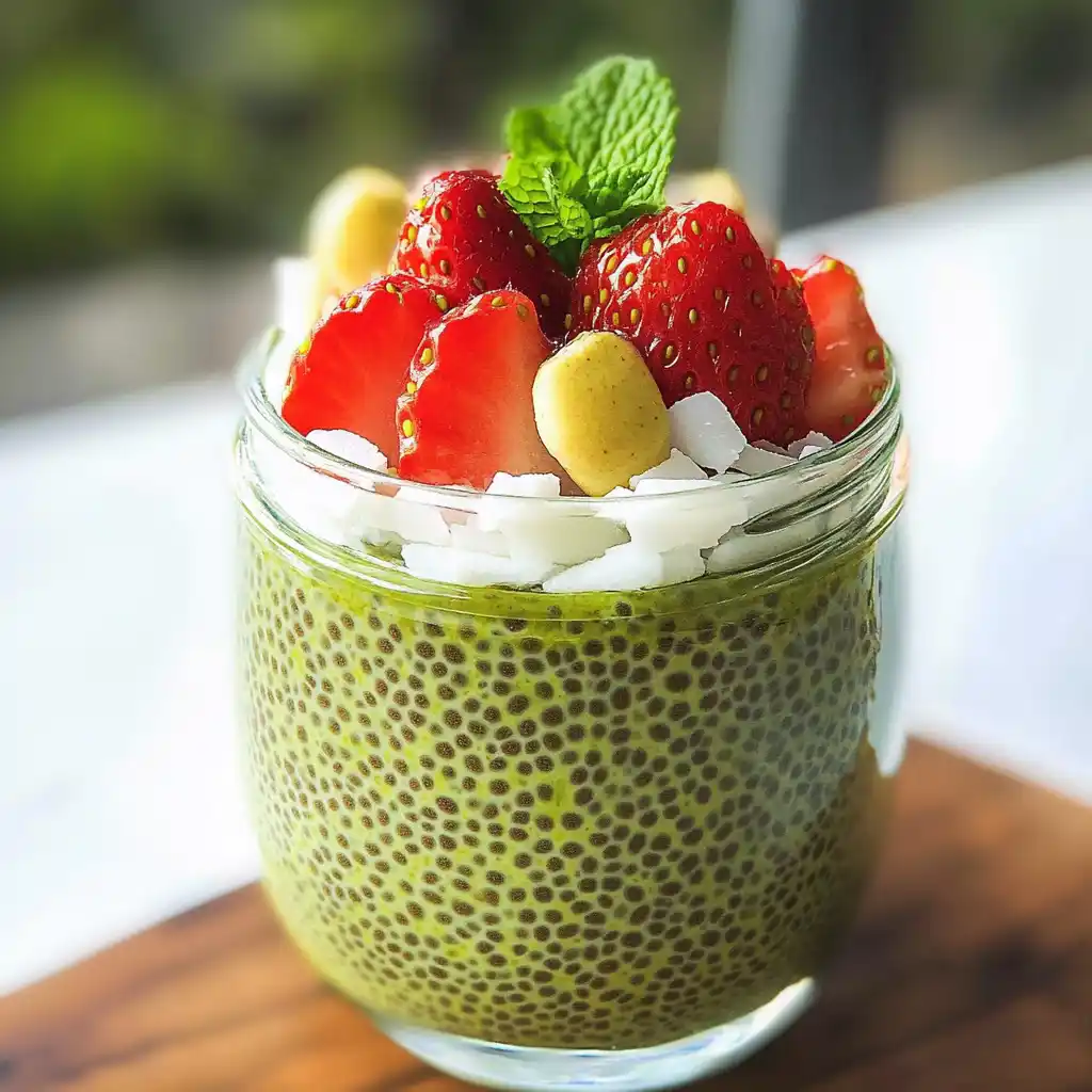 matcha chia pudding recipe with strawberries and mint