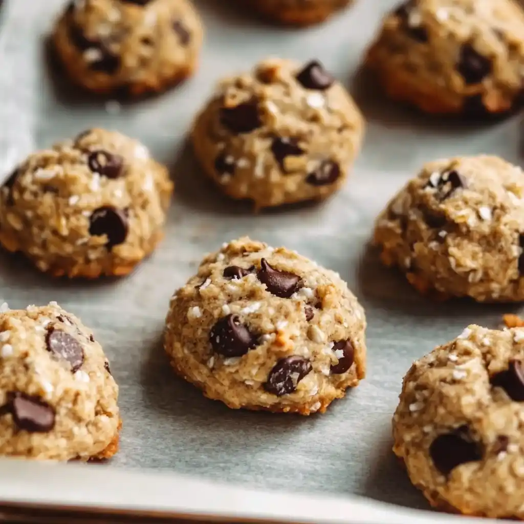 Coconut oatmeal chocolate chip cookie dough on baking tray