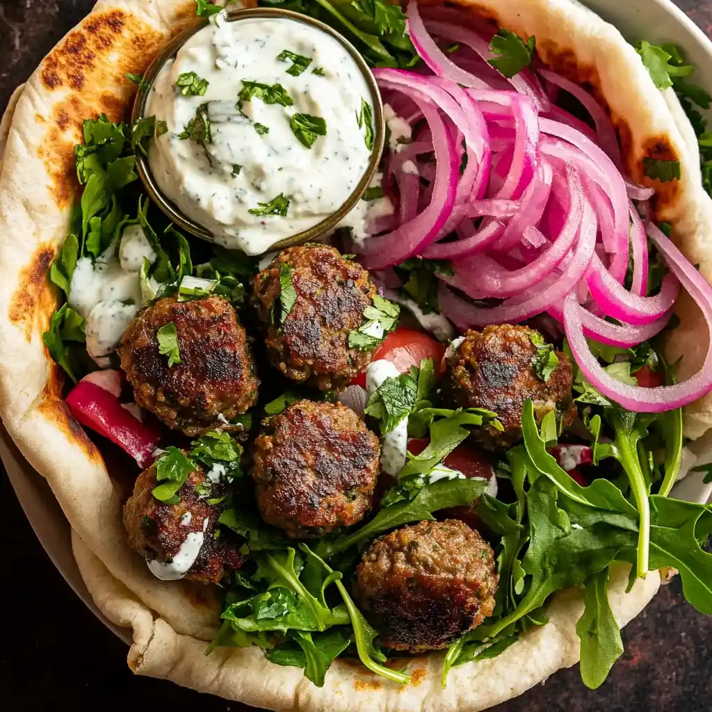Moroccan lamb meatballs in pita with yogurt sauce