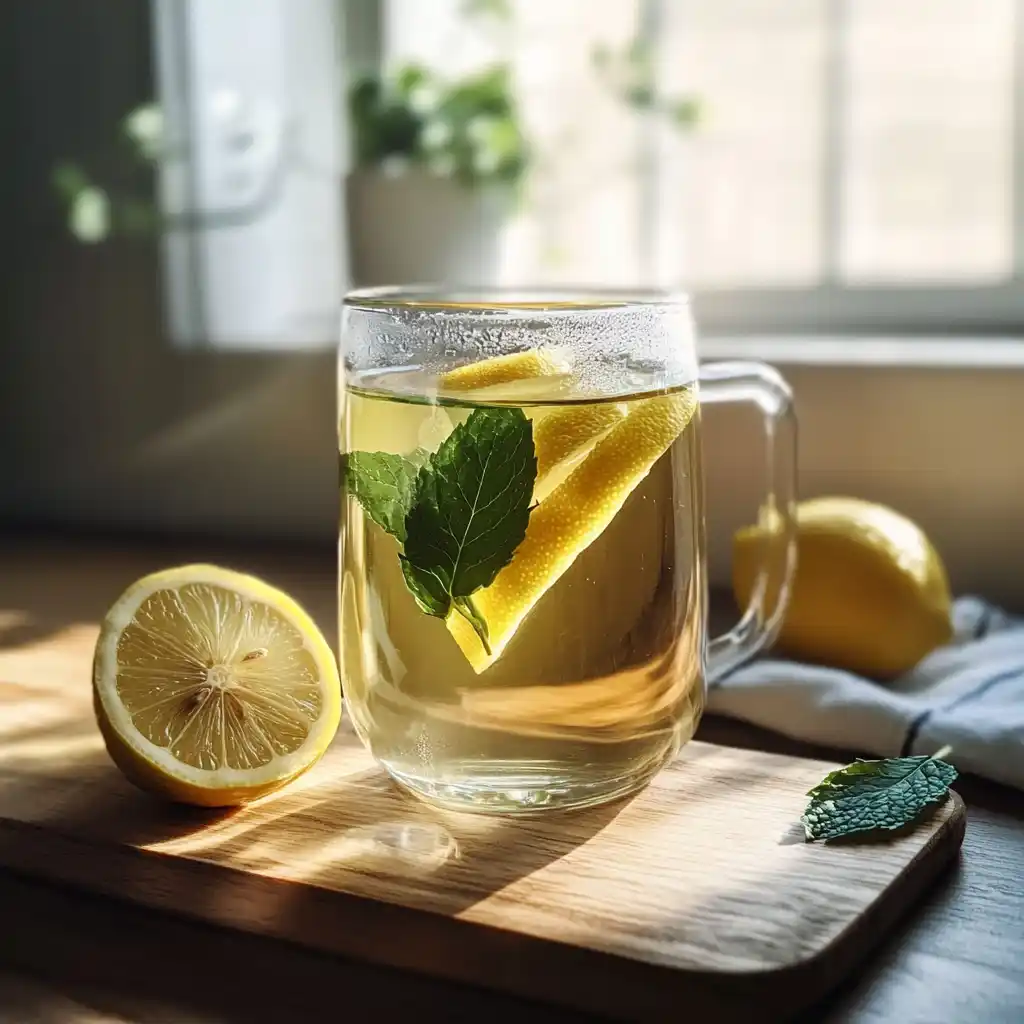Green tea drink recipe for a healthy boost in a glass with lemon and mint
