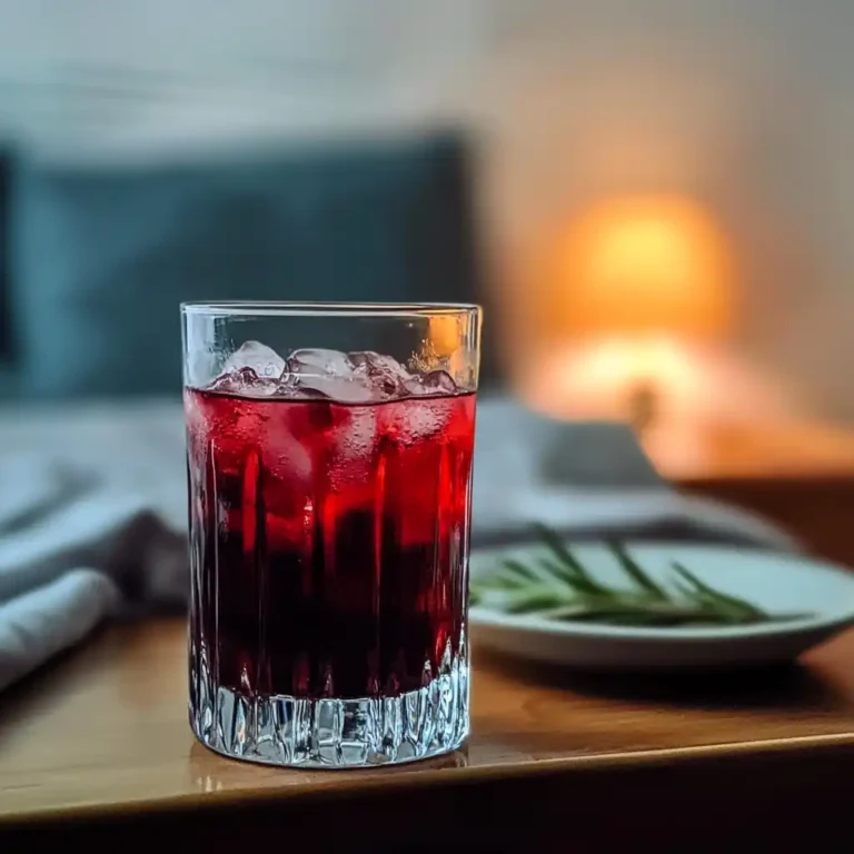 Sleepy Girl Mocktail in glass on nightstand with ice and cherry juice