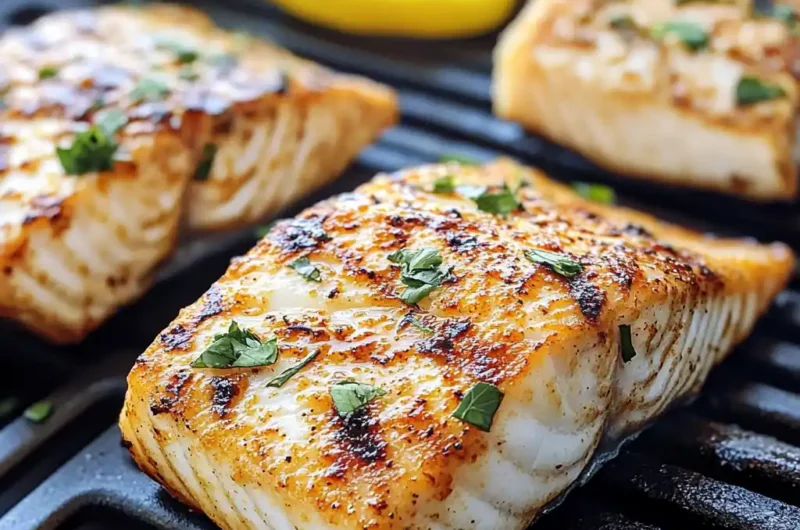 Grilled mahi mahi fillet with char marks and lemon on BBQ grill