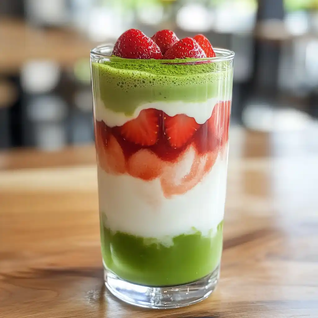 iced strawberry matcha latte recipe with fresh layers