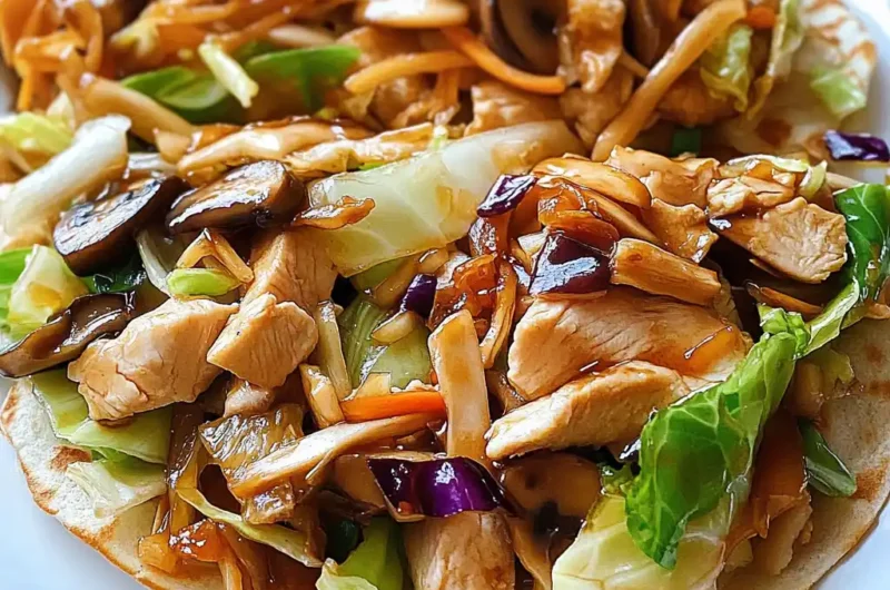 Moo Shu Chicken with Mandarin pancakes close-up