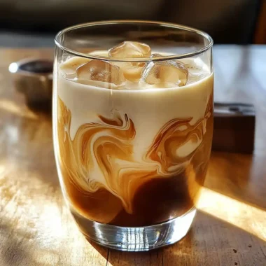 iced coffee swirling in glass with cream on table