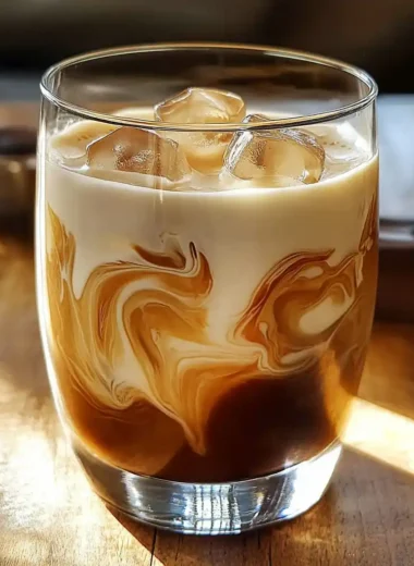 iced coffee swirling in glass with cream on table