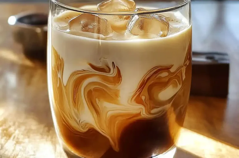 iced coffee swirling in glass with cream on table