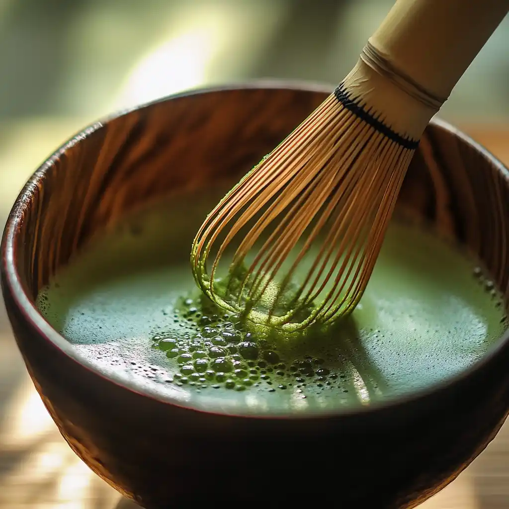 Matcha powder whisked into water