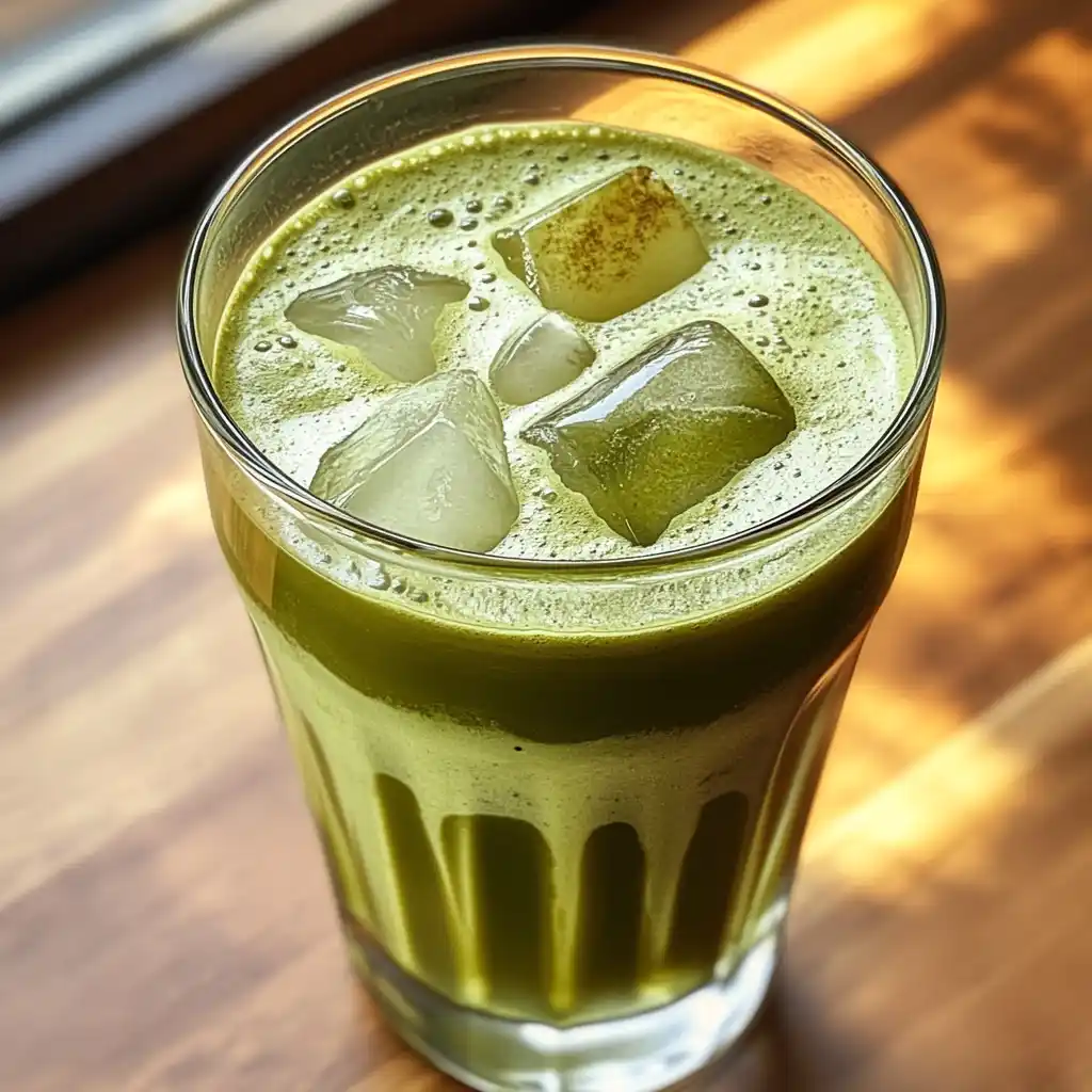 Iced matcha latte in glass with green tea and ice