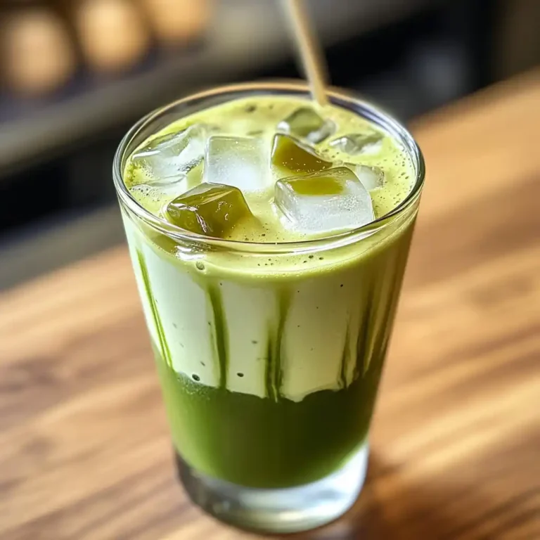 Iced matcha latte in glass with green tea and ice