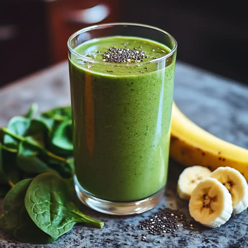 Green smoothie made with spinach, banana, and chia seeds