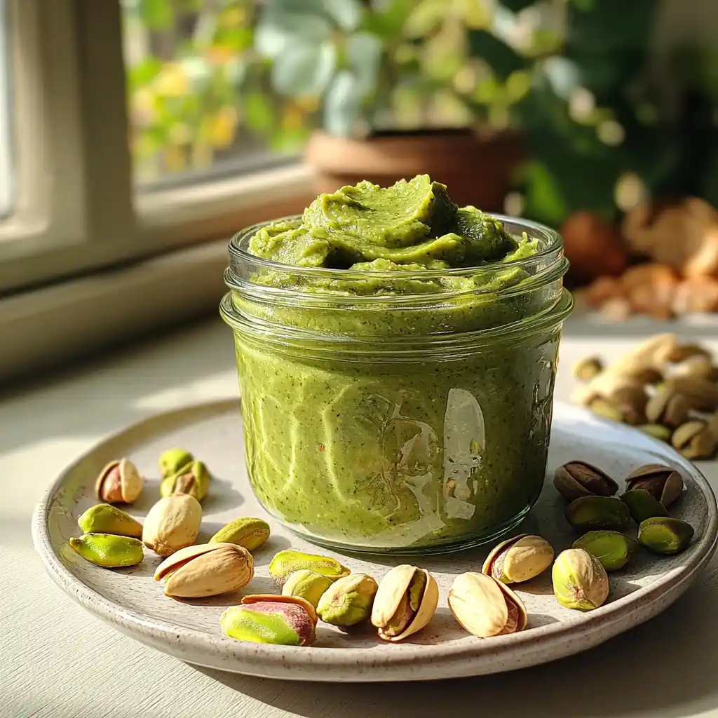 Close-up of homemade pistachio butter in a glass jar