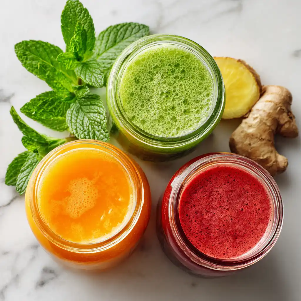 Colorful homemade cleanse detox juices in glass jars