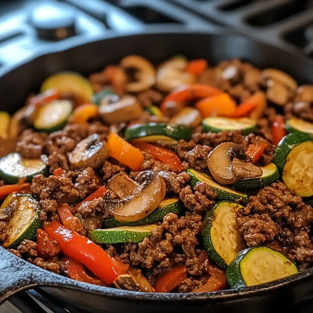 healthy ground beef skillet recipe with vegetables
