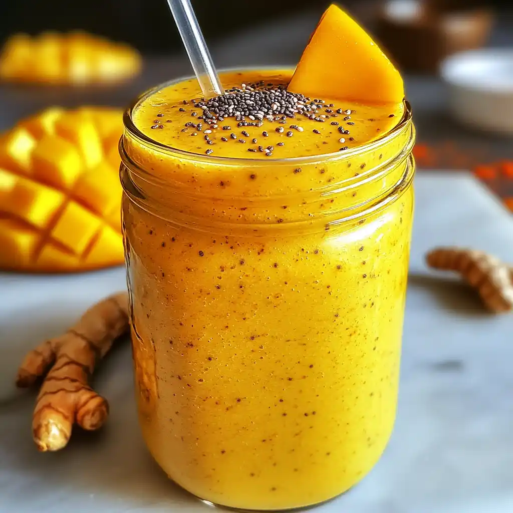 Mango turmeric smoothie in a glass jar with fresh mango and turmeric