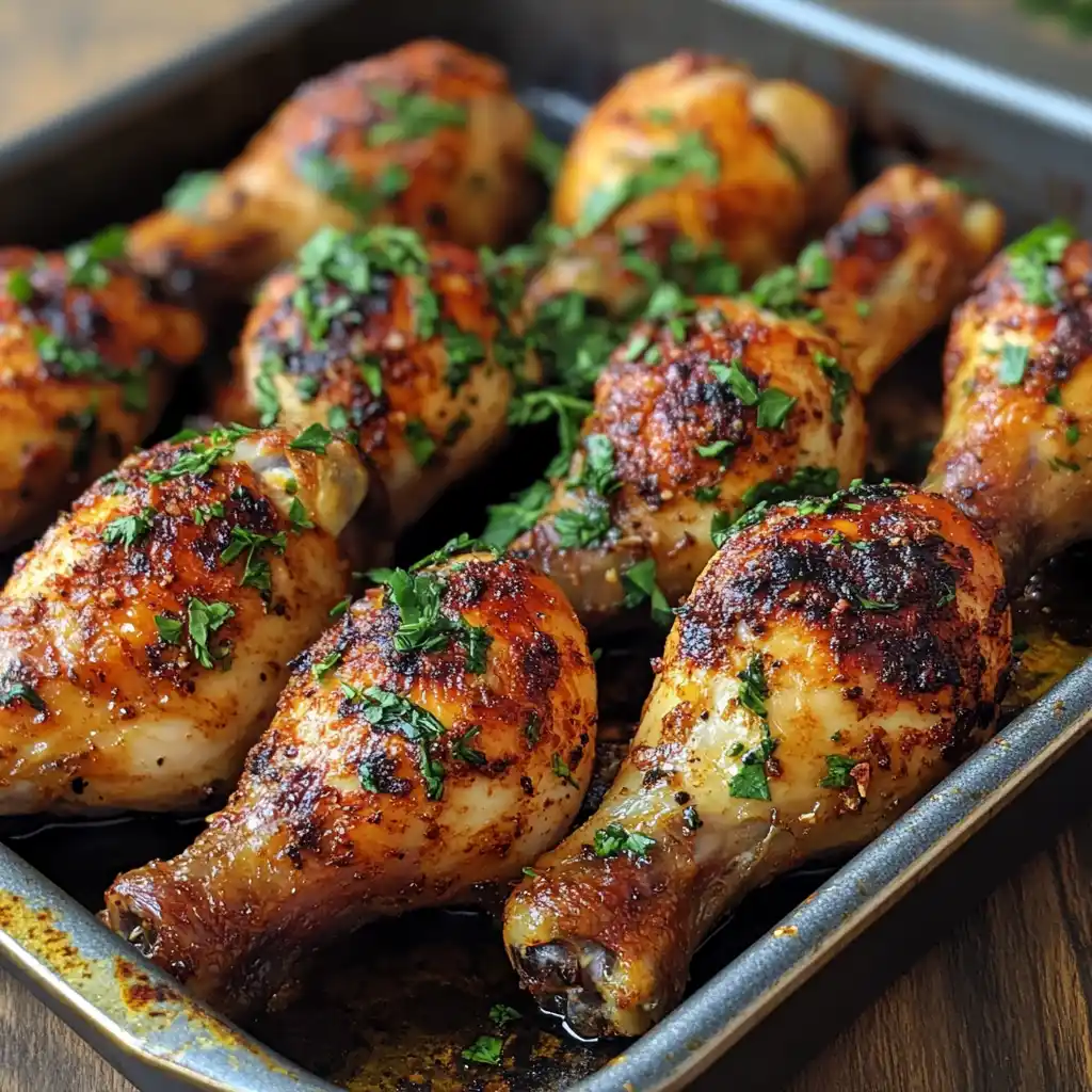 crispy chicken drumsticks in oven with golden skin and herbs