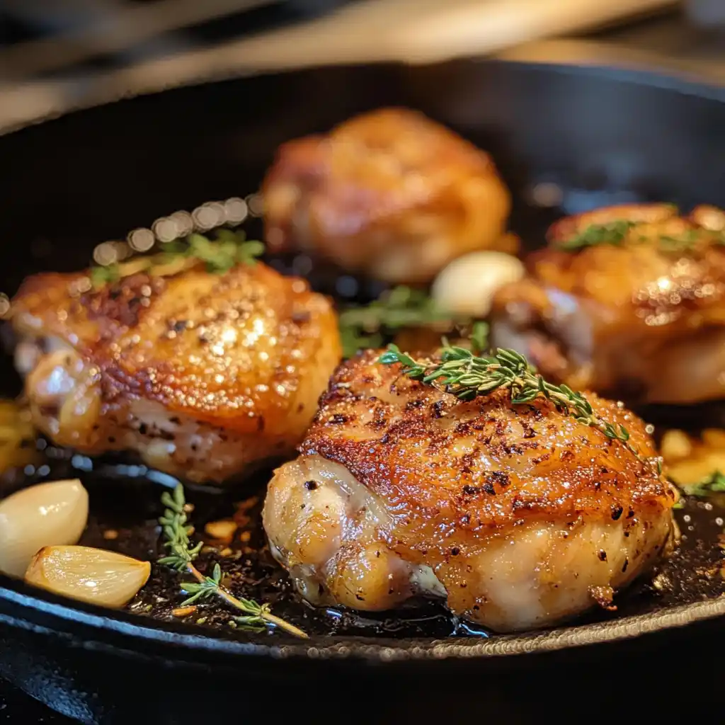 Pan-seared boneless skinless chicken thighs in skillet