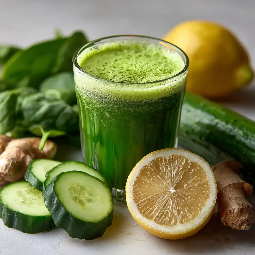 green detox juice with lemon cucumber and spinach