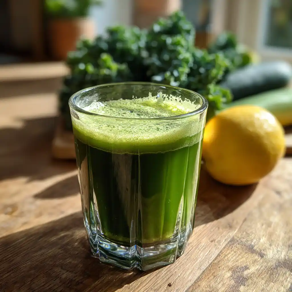 Green cleanse detox juice in glass with kale and lemon