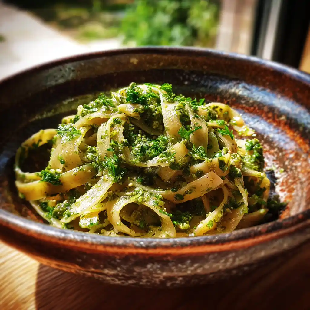 low carb pasta with konjac and pesto in rustic bowl