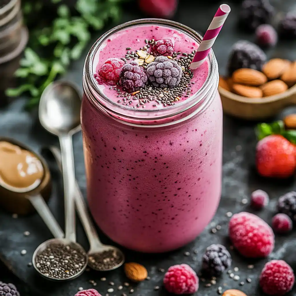 protein-packed berry smoothie ingredients layout