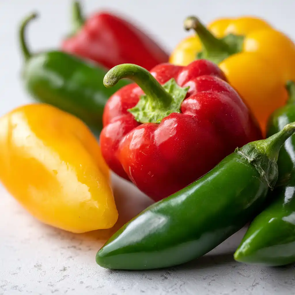 Different types of giardiniera peppers on countertop
