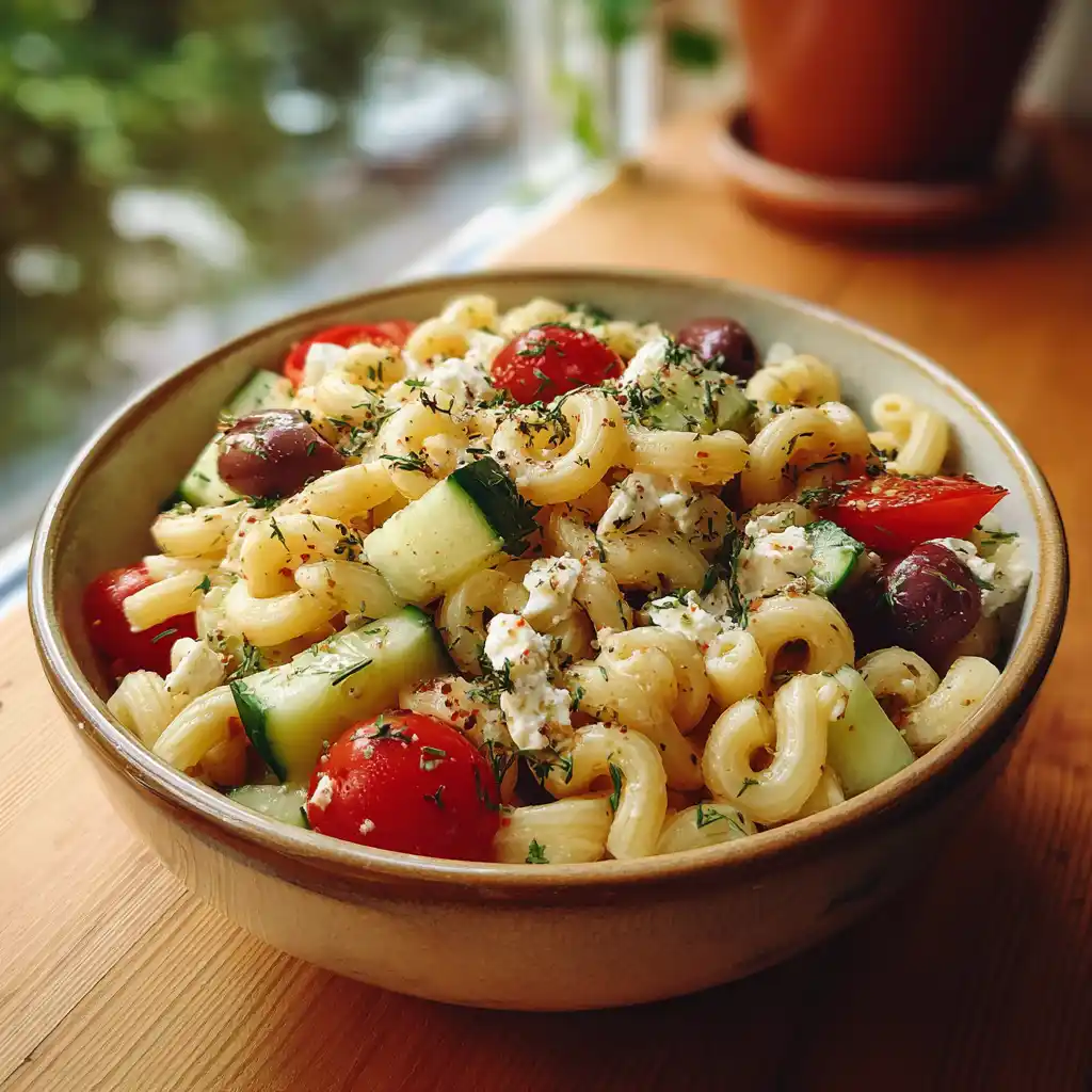 Ditalini pasta salad with vegetables and feta