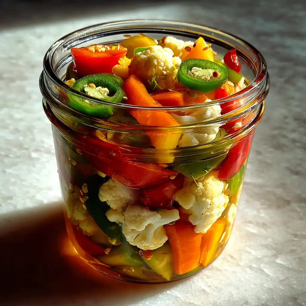 Homemade giardiniera peppers in a glass jar