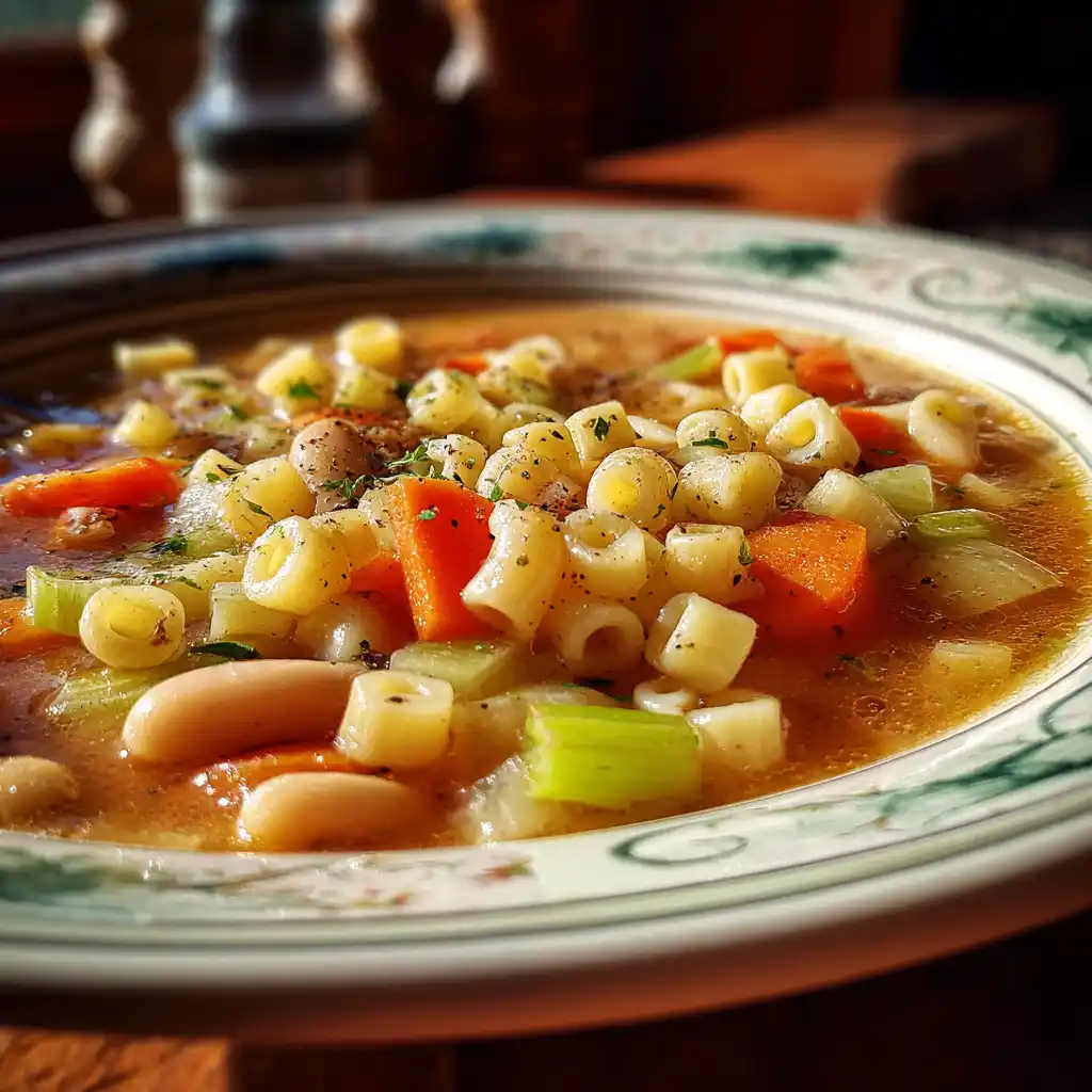 Ditalini pasta in vegetable soup close-up