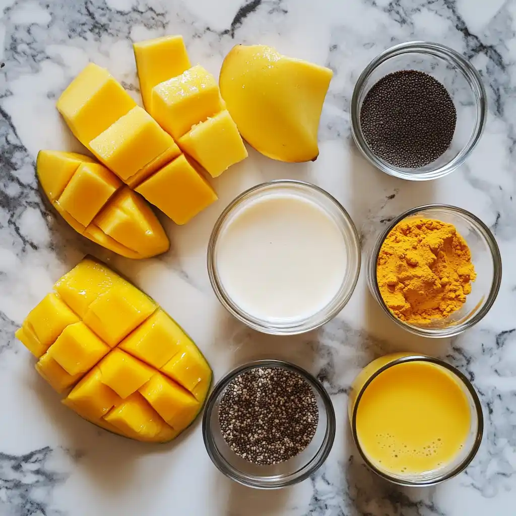 Mango turmeric smoothie ingredients on countertop
