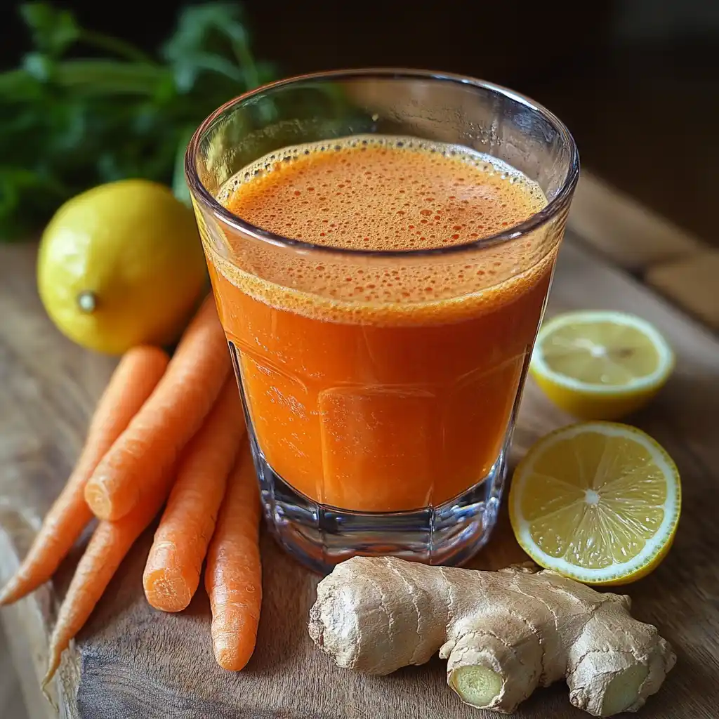 Fresh carrot and ginger juice in a glass with ingredients on counter