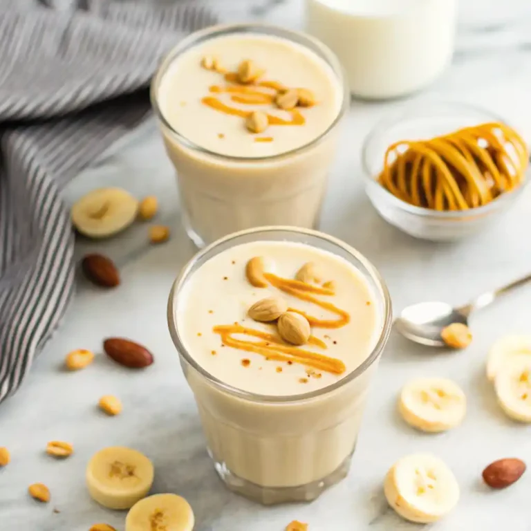 creamy peanut butter banana smoothie in glass