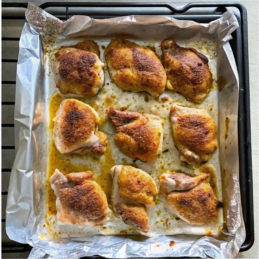 boneless skinless chicken thighs in oven on rack with seasoning