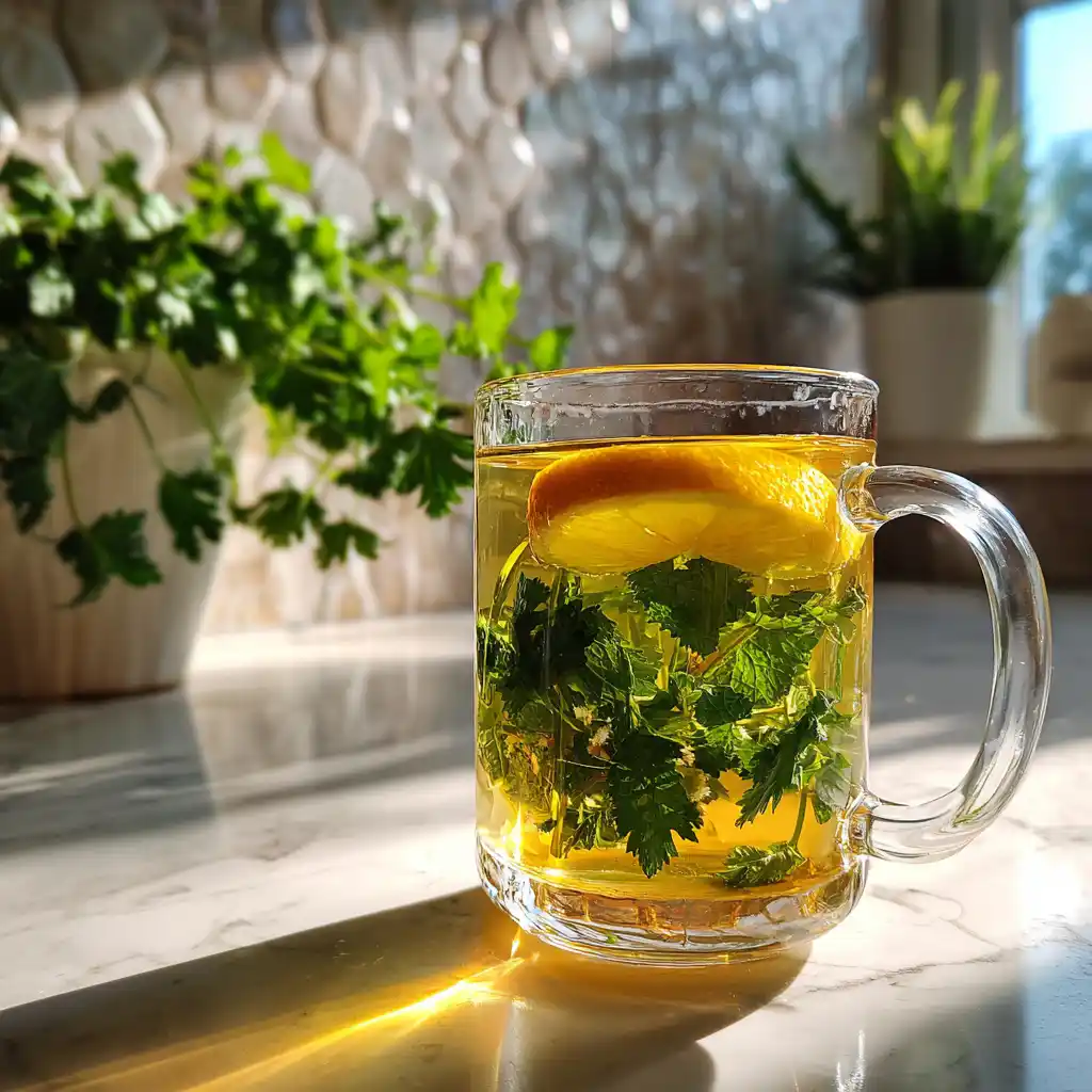 Detox tea herbal blend in clear glass cup