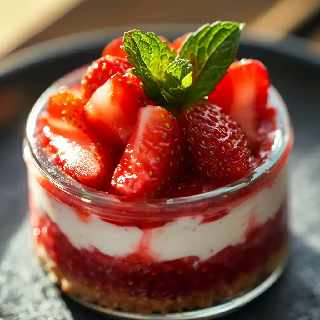 Low calorie strawberry cheesecake in a glass jar with strawberries