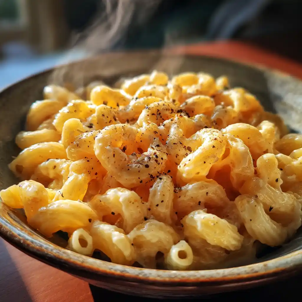 creamy cavatappi pasta with cheese sauce in rustic bowl