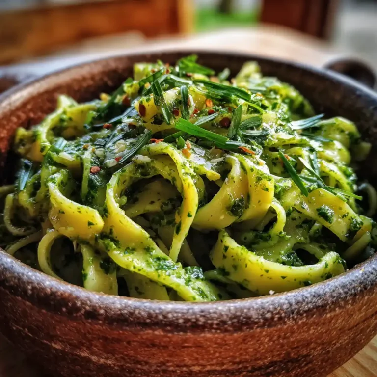 low carb pasta with konjac and pesto in rustic bowl