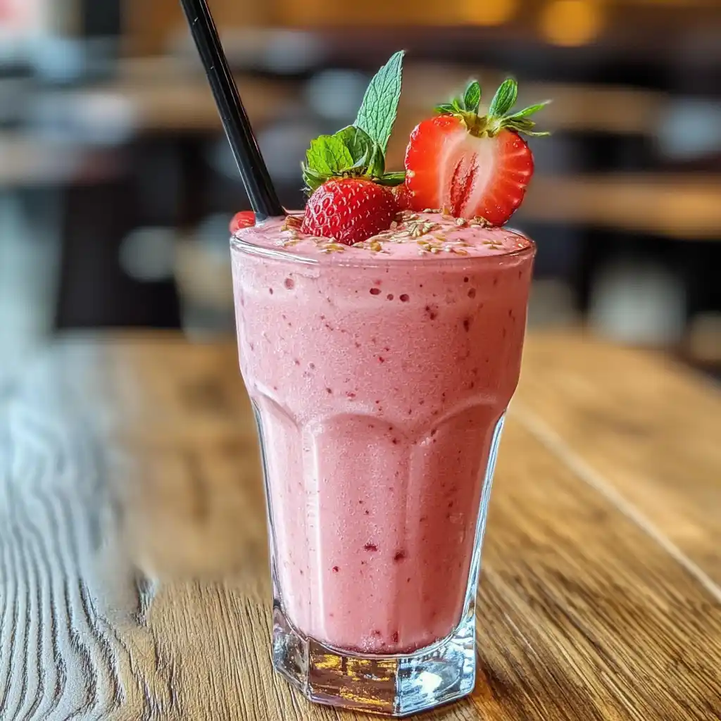 Strawberry yogurt smoothie in glass with mint garnish