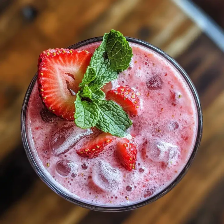 Strawberry yogurt smoothie in glass with mint garnish